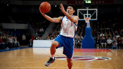 篮球比赛中球员突破上篮的现场画面