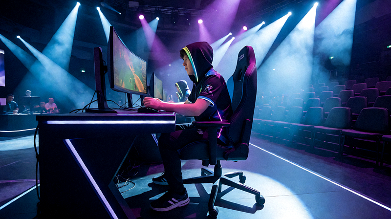 电竞赛事舞台灯光下选手进行比赛的现场画面